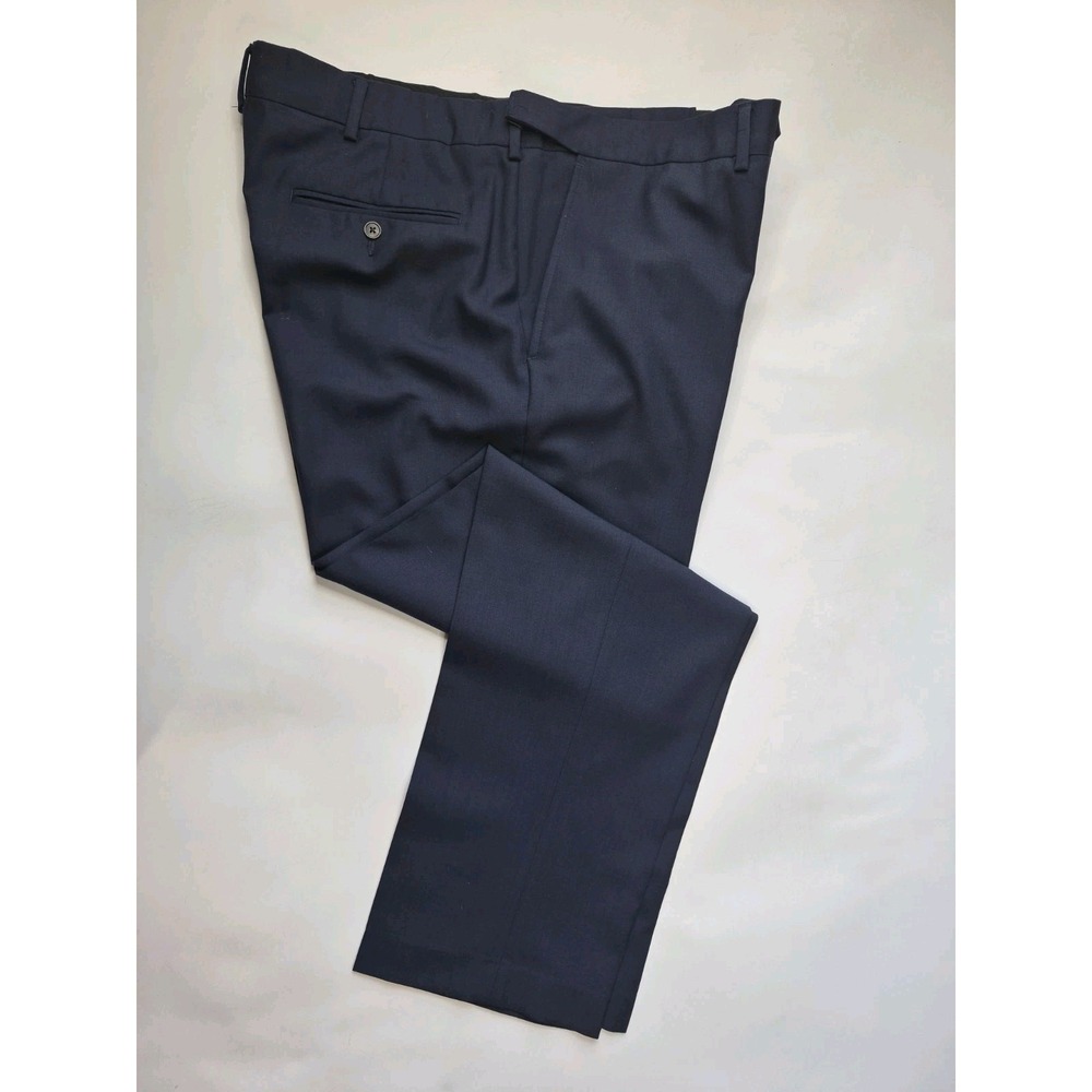 Lands End Mens Flat Front Wool Dress Pants 38x32 Navy Traditional Fit